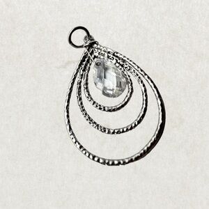 Vintage Sterling Silver Hammered Teardrop Pendant with Faceted Crystal